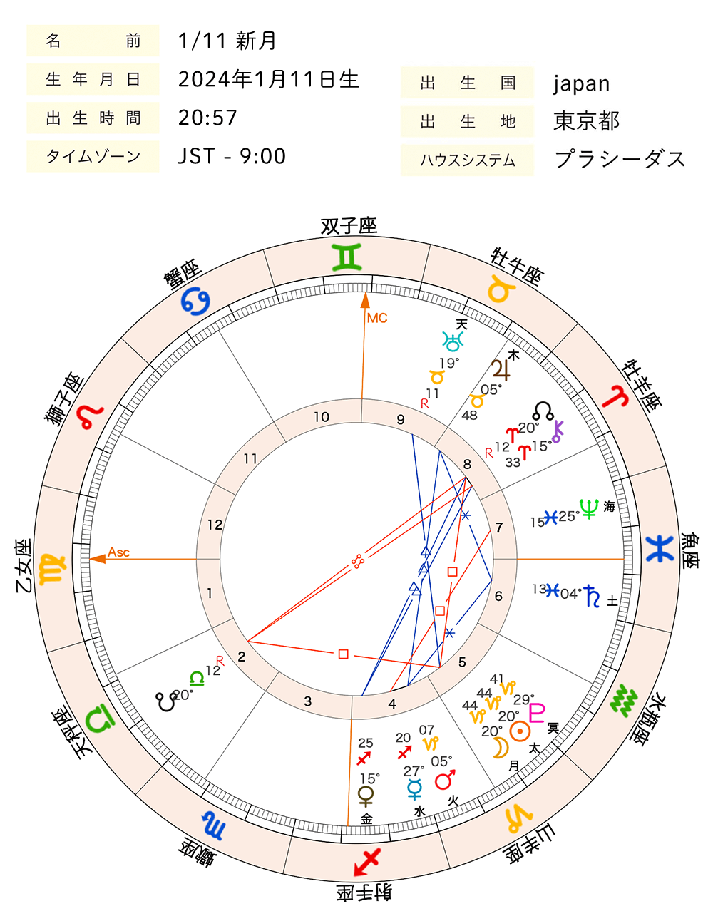 2024年1月11日山羊座新月ホロスコープ全体図